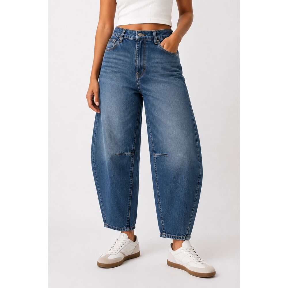 GAP Women’s 10 30R Barrel Leg Jeans High Rise Medium Wash Blue Denim 26”